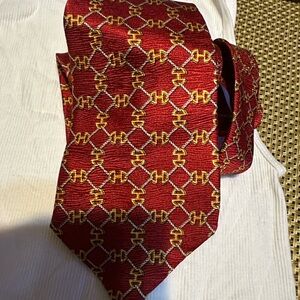 Celine Red Tie with Gold Pattern